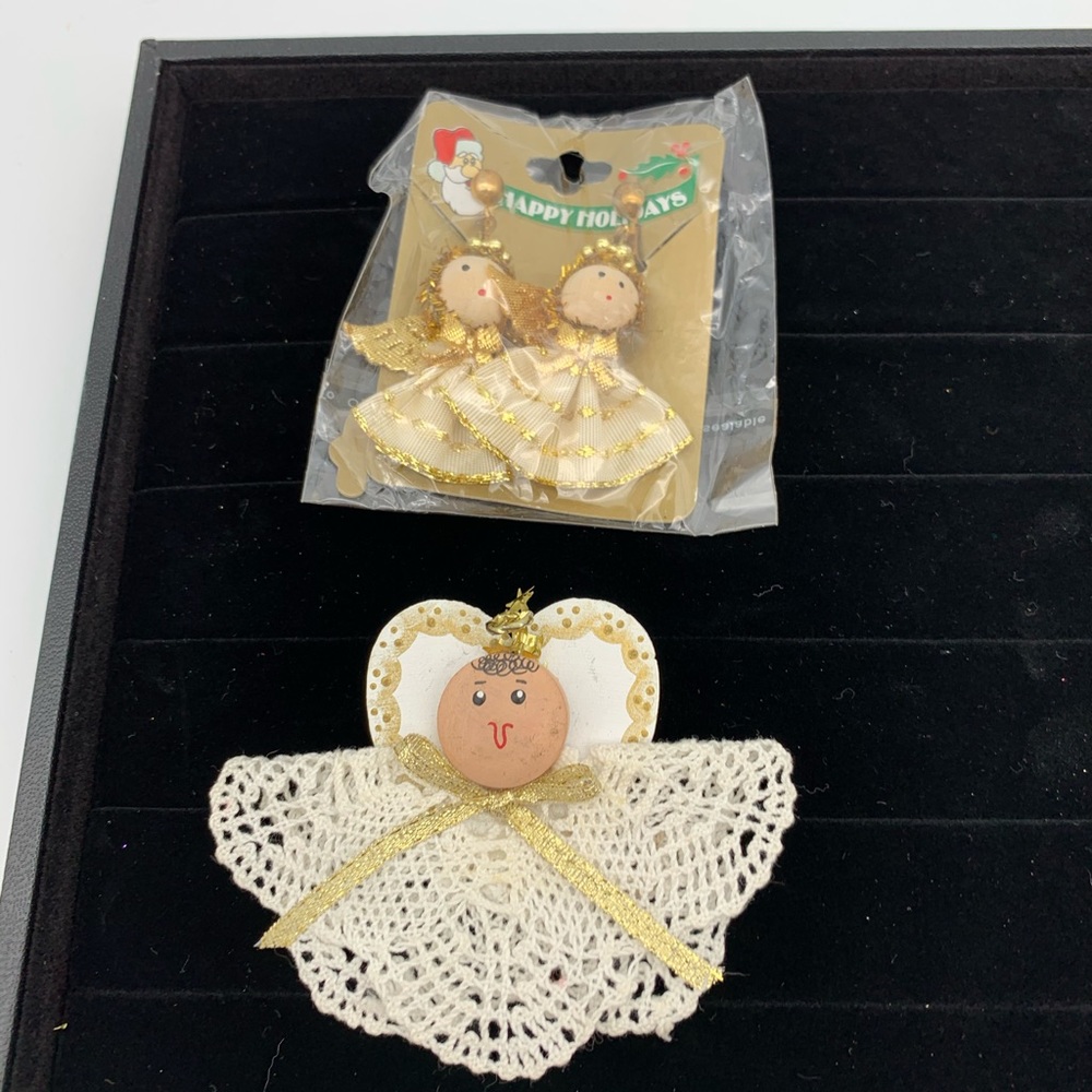 Crocheted angel label pin And clip on earrings